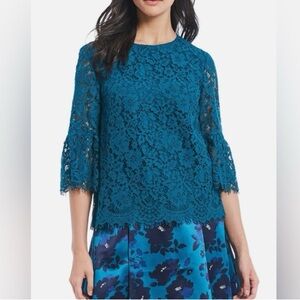 Draper James Teal Lace Bell Sleeve Blouse Size 14